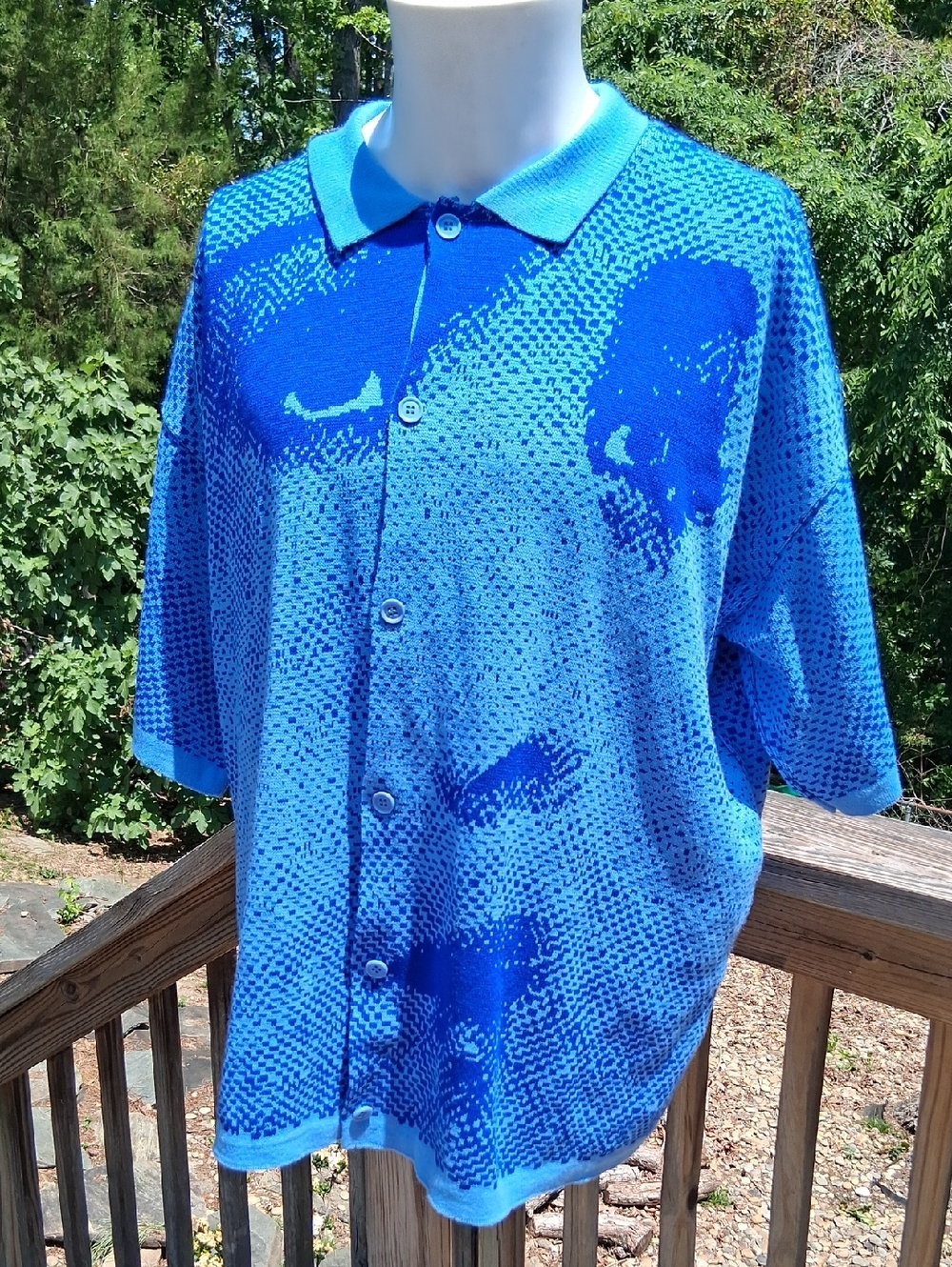 Boohooman Blue Graphic Knit Button-Up Polo, Short Sleeves, XL